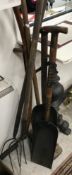 A collection of various vintage garden / agricultural tools to include scythes, two Lucas shovels,