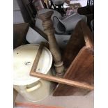 A collection of enamelled kitchenalia, a wooden trug,