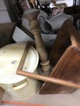 A collection of enamelled kitchenalia, a wooden trug,