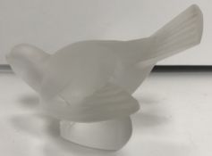 A Lalique "Moineau Colereux" frosted glass figure of a sparrow, signed "Lalique France" to base,
