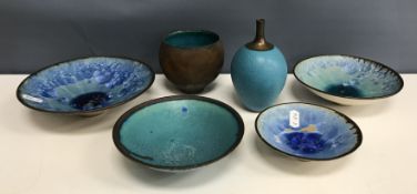 A collection of six Simon Rich studio pottery wares to include a turquoise ground lustre decorated