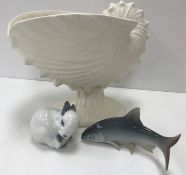 A Wedgwood and Barlaston of Etruria matt white glazed pottery nautilus vase 26 cm long x 20 cm high,