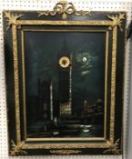 A Victorian picture clock depicting "The House of Westminster with Big Ben" oil on board inset with