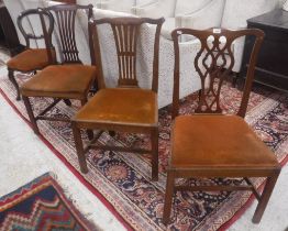 Three various Provincial Chippendale mahogany framed dining chairs and a Victorian balloon back