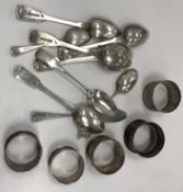 A collection of silver wares to include a set of five fiddle pattern silver tea spoons,