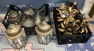 A two boxes of lights to include a collection of brass hanging hall lights,