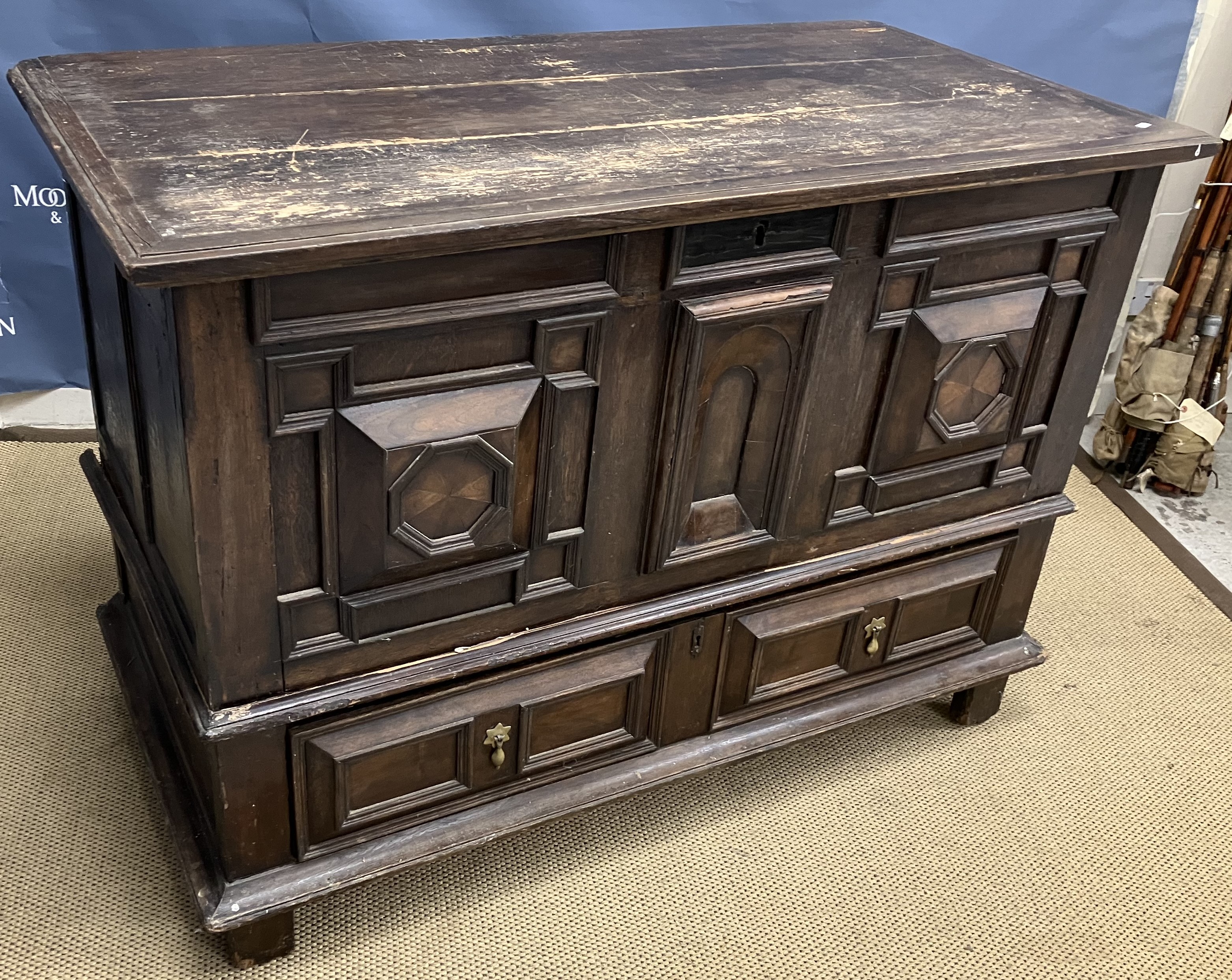 An oak and walnut mule chest in the Jacobean manner,