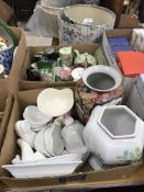 Six boxes of assorted decorative china wares to include figurines, vases, toilet bowl and jug,