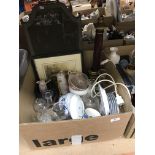 A box of sundry items to include various tea plates, decanters,