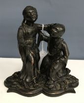 A 19th Century Japanese patinated bronze figure group as a woman with figure kneeling at her side