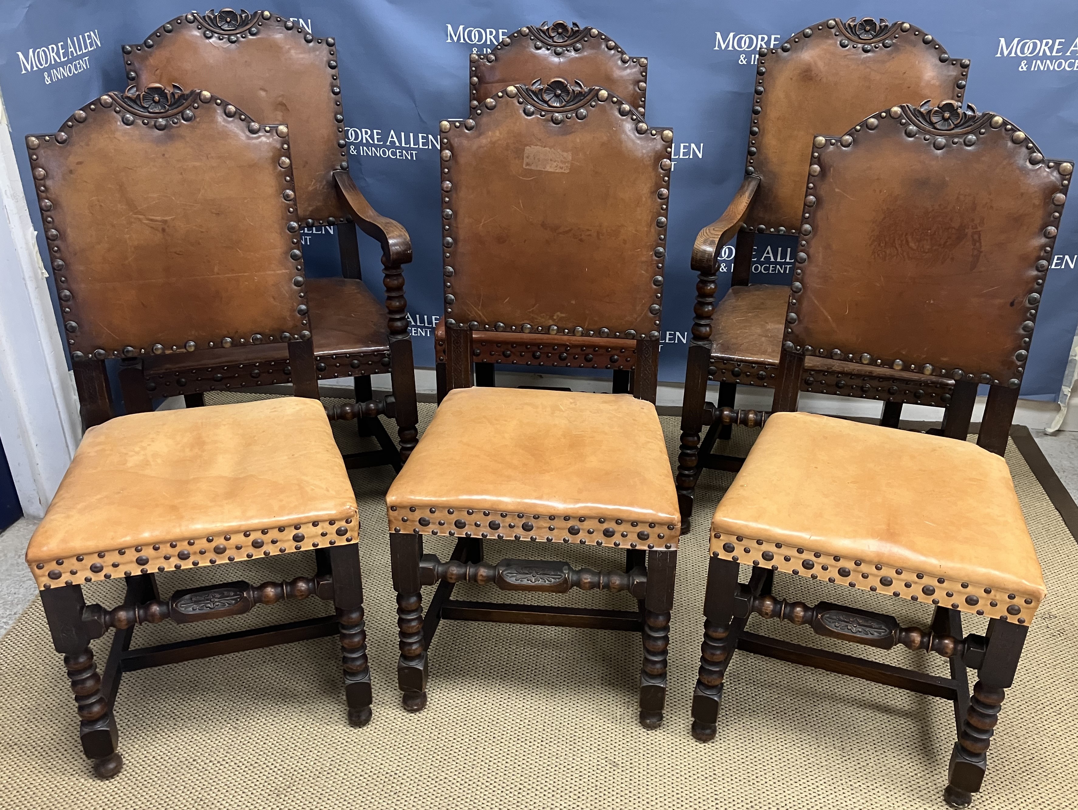 A set of six early to mid 20th Century oak framed studded leather upholstered dining chairs in the - Image 2 of 2