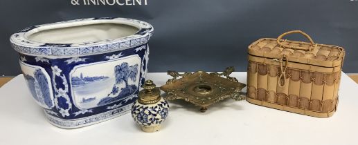 Five boxes of sundry miscellaneous items to include a chinoiserie style painted tea urn type