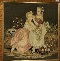 Two 19th Century needleworks depicting children playing, both housed in burr maple frames,