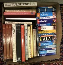 Two boxes of assorted reference books to include various Rough Guides/Lonely Planet travel books,