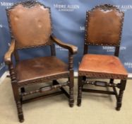 A set of six early to mid 20th Century oak framed studded leather upholstered dining chairs in the