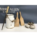 A box of miscellaneous items to include a small enamelled milk churn,