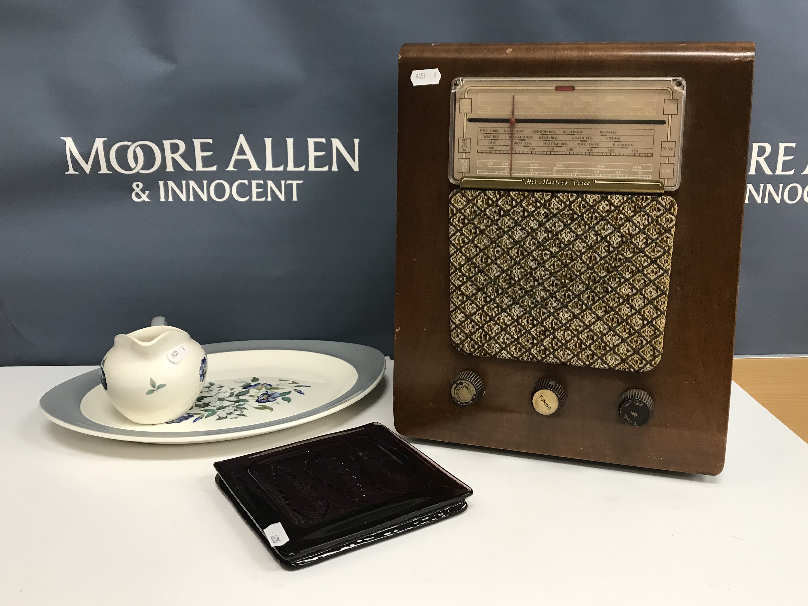 A box containing a Wedgwood Isis part dinner service together with a collection of six amethyst