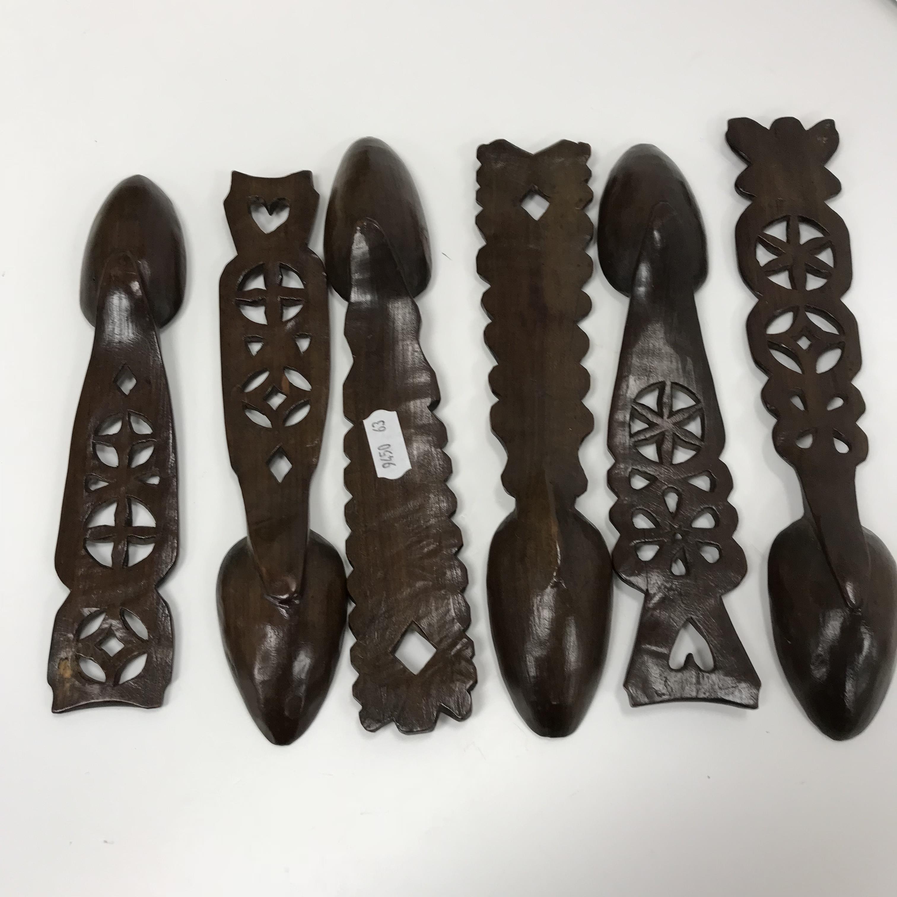 A collection of six Welsh carved treen ware loving spoons, - Image 5 of 5