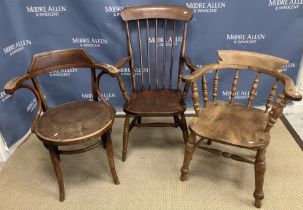 A circa 1900 stained beech Windsor type stickback elbow chair, a Bentwood elbow chair,