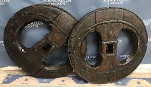 A pair of 19th Century Portuguese iron bound oak ox cart wheels 97 cm diameter x 14.