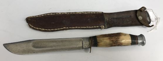 A Bowie style hunting knife by William Rogers of Sheffield with antler handle, blade 20 cm long,