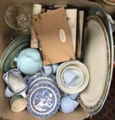 Two boxes of sundry china ware, pictures etc to include decorative serving platters, jugs etc,