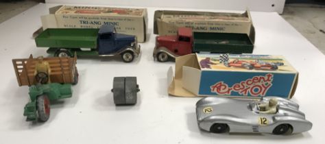 Two Tri-ang Minic delivery lorries, boxed, a Crescent Toys Mercedes Benz 2.