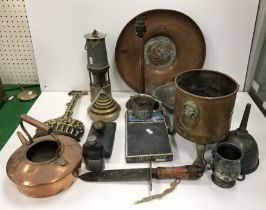 Two boxes of various metal wares to include copper charger with brass centre medallion depicting a