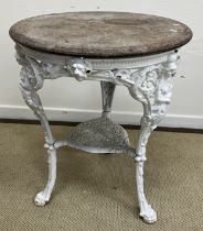 A Victorian white painted cast iron Britannia pub table with circular wooden top,