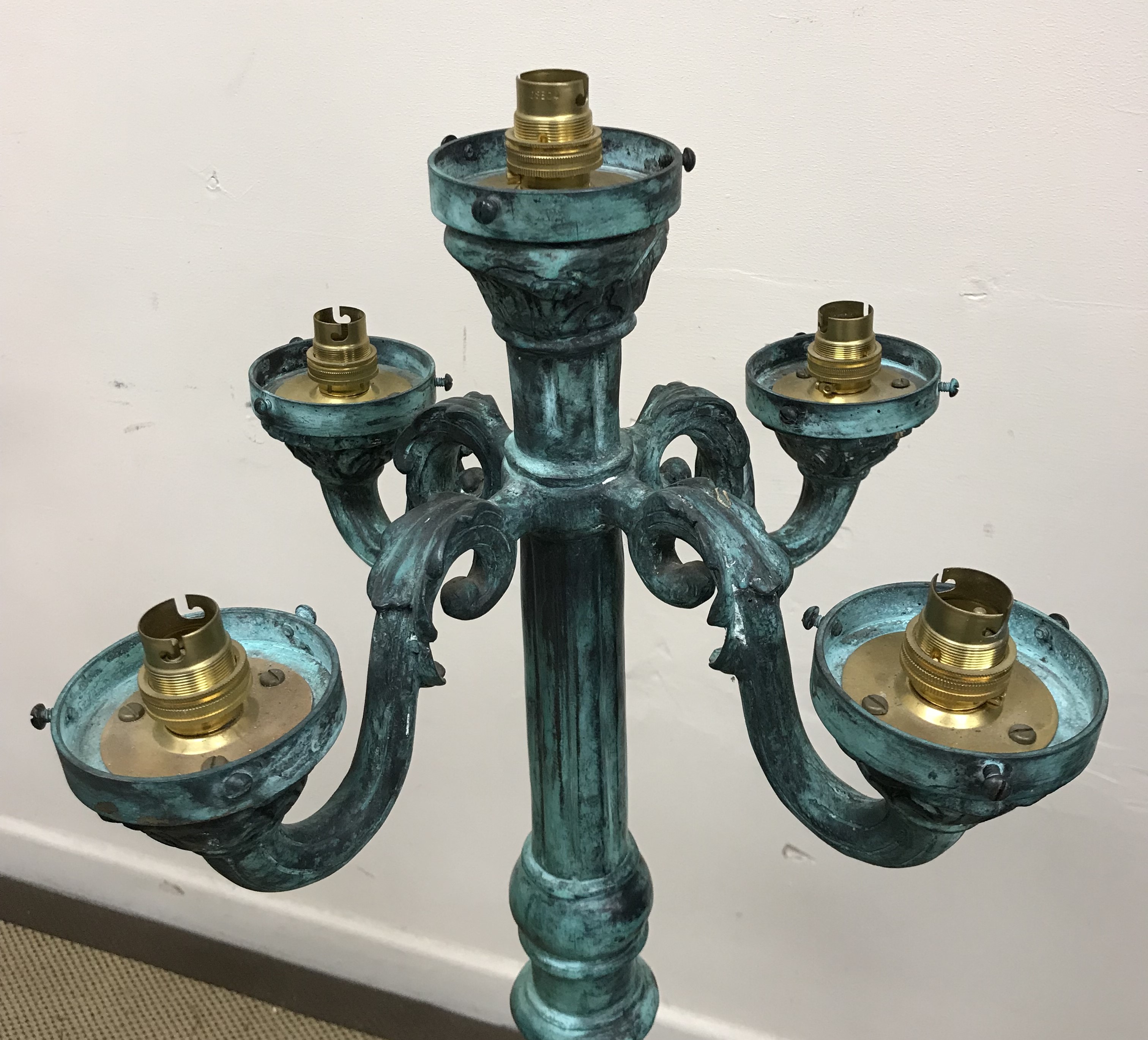 A pair of modern verdigris patinated bronze street lamp style lights with four branches and central - Image 5 of 5