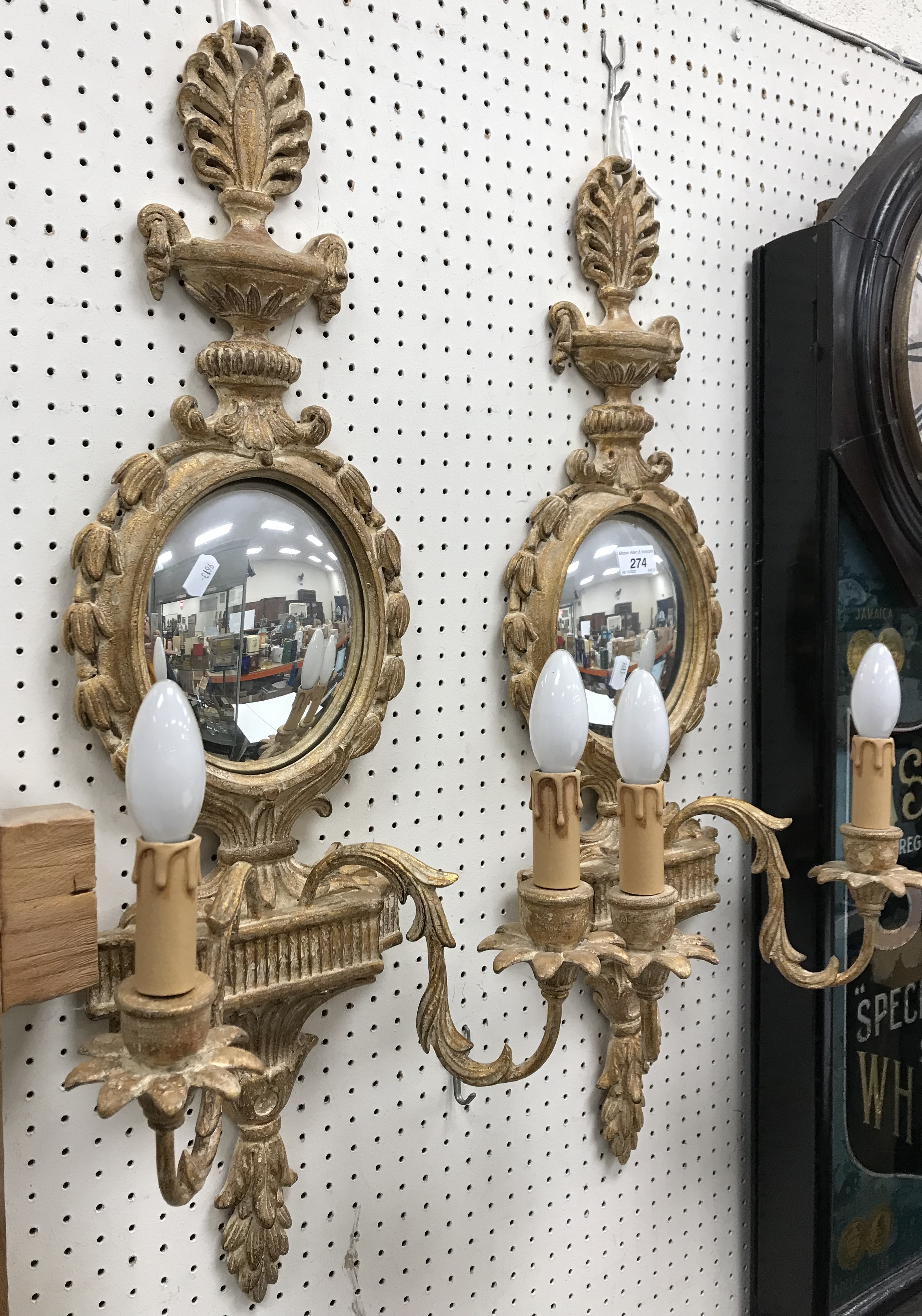 A pair of modern gilt decorated girandole mirrors with convex oval plates and hydra styles finials, - Image 2 of 26