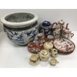 A box of assorted Oriental china wares to include an eggshell part tea service,