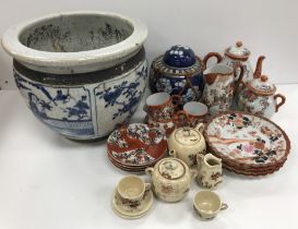 A box of assorted Oriental china wares to include an eggshell part tea service,