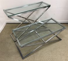 A modern chrome framed glass top hall table on X frame base, 112 cm wide x 36.3 cm deep x 75.