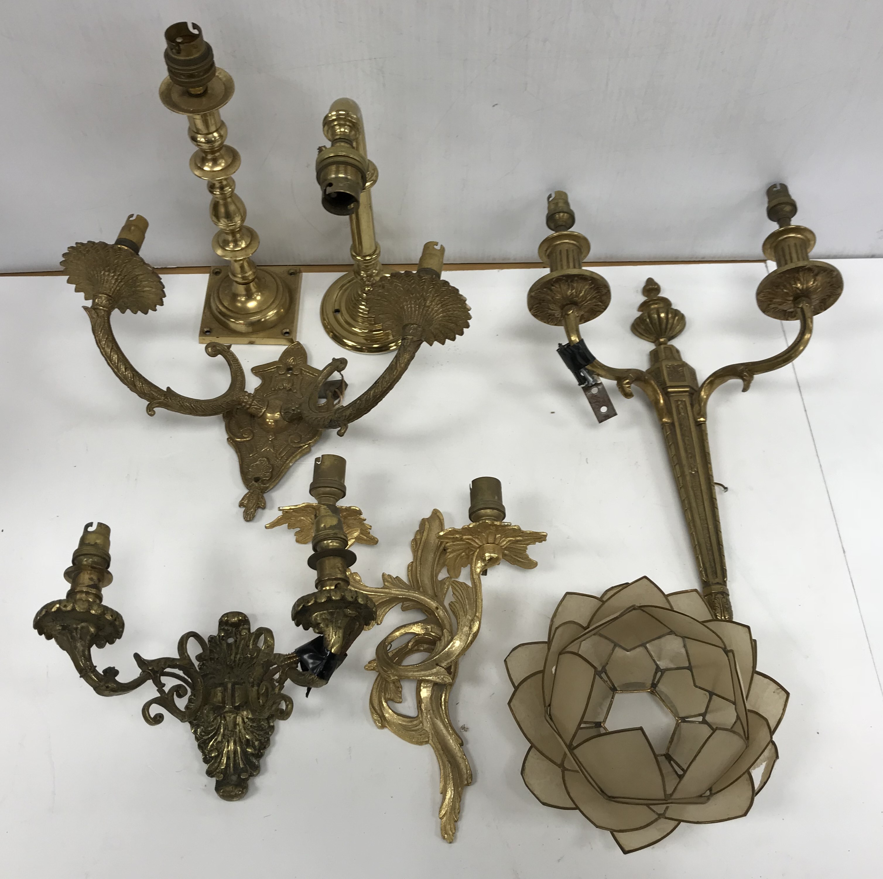 A box and contents of various brass lighting in the 18th / 19th Century manner,