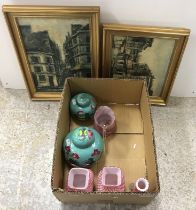 A box containing a Chinese ginger jar with turquoise ground, set with crane and flowers,