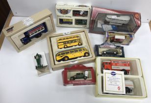 A box of assorted Cori and other die-cast toy models to include The AEC Bus Set,