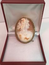 A circa 1900 yellow metal mounted brooch set with a carved shell cameo bust of a Classical maiden