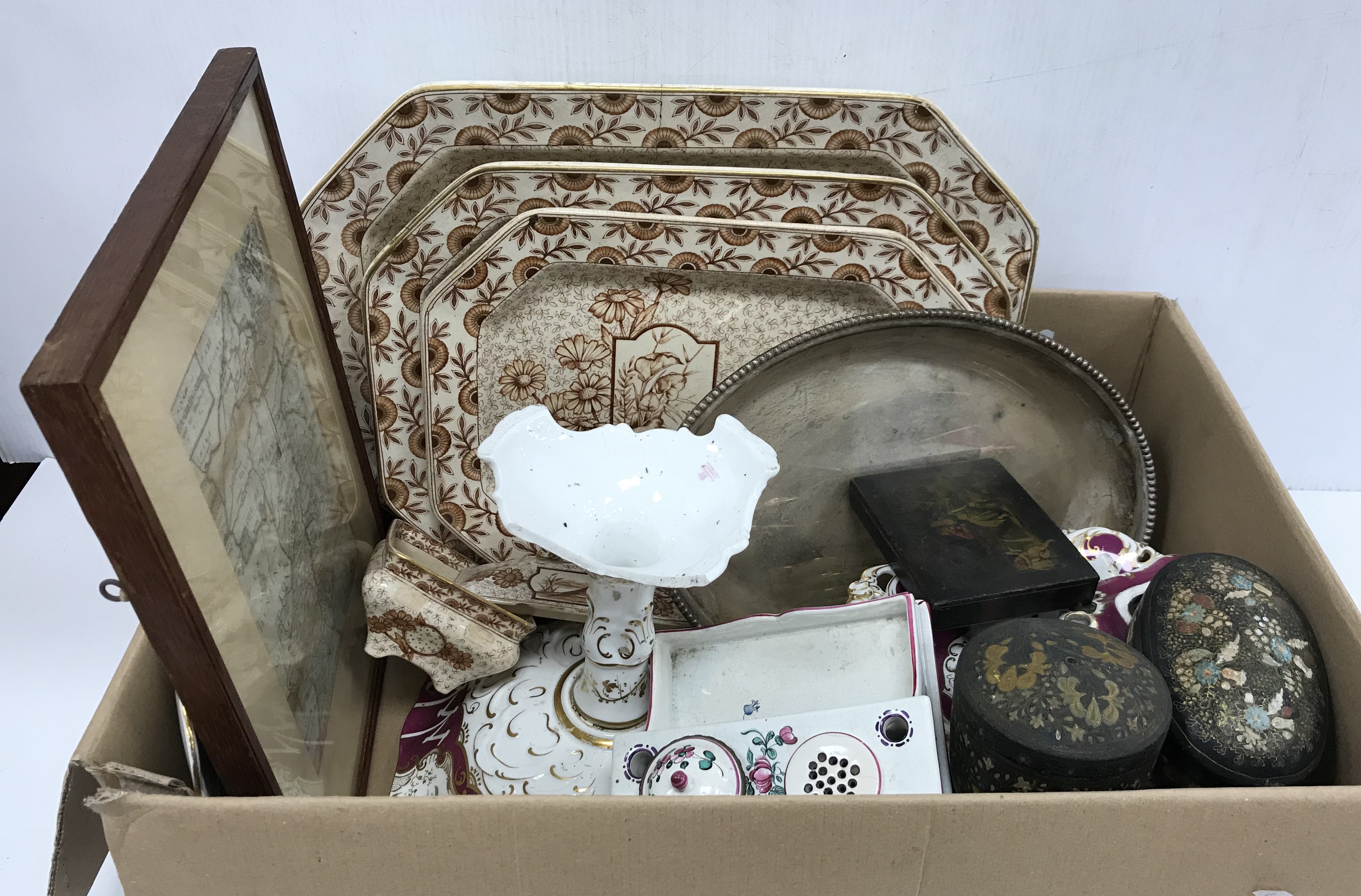 A box of various items including a set of three Ridgeways Variety brown transfer decorated