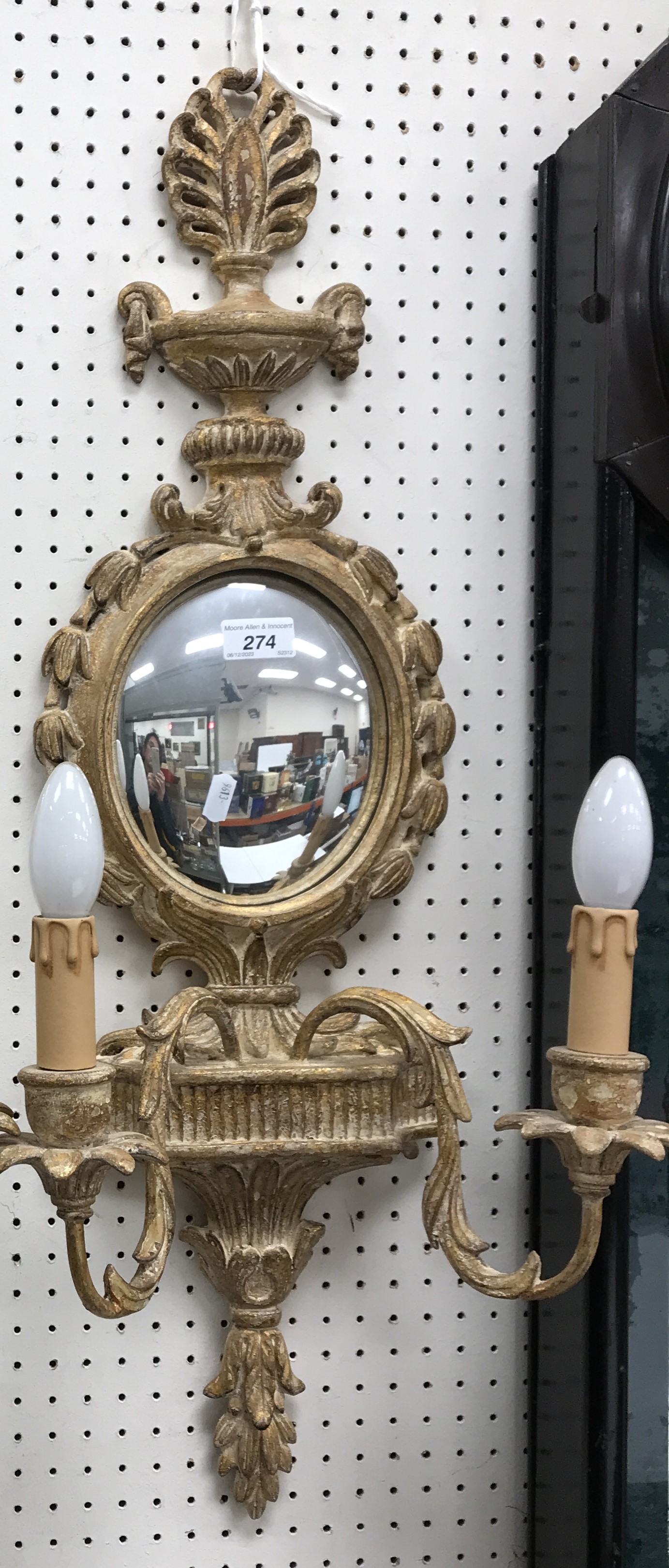 A pair of modern gilt decorated girandole mirrors with convex oval plates and hydra styles finials, - Image 3 of 26