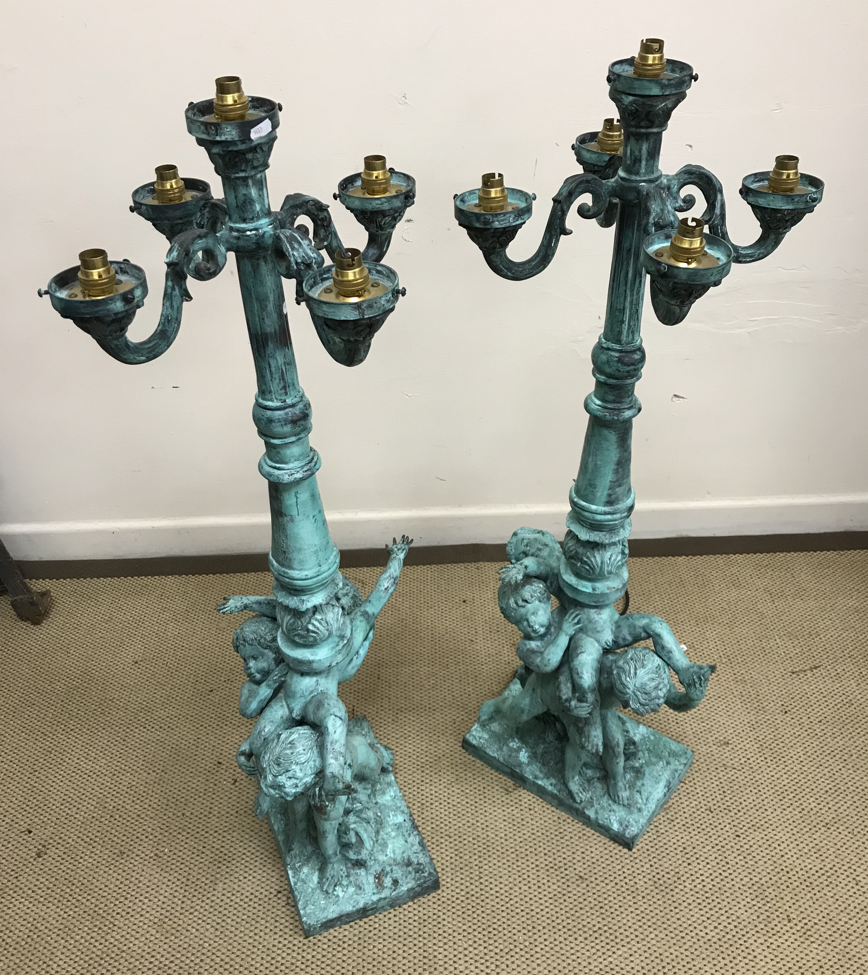 A pair of modern verdigris patinated bronze street lamp style lights with four branches and central - Image 2 of 5