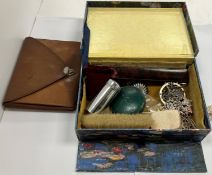 A box containing various objets de vertus including coral necklace, silver nurse's buckle,