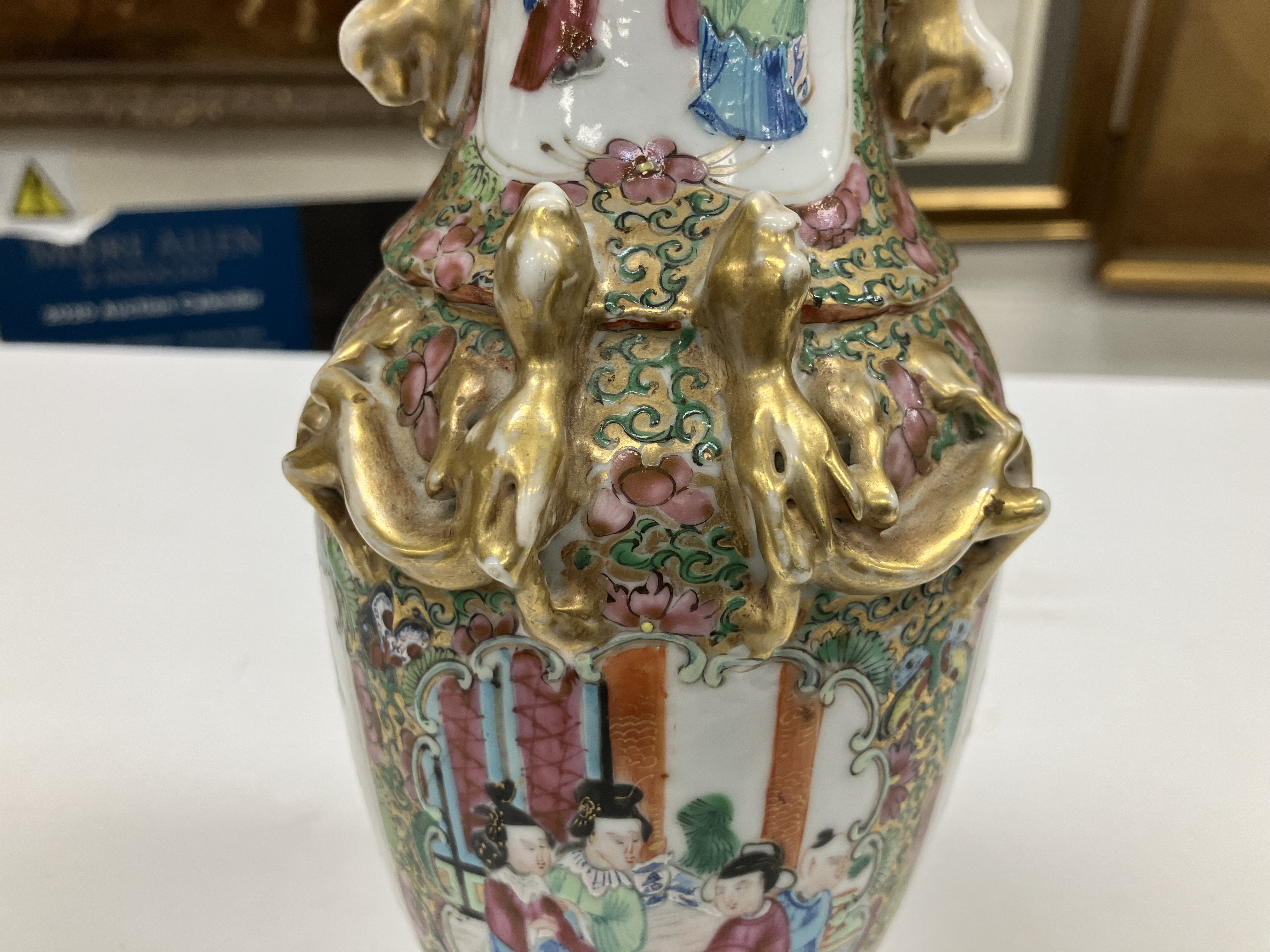 A 19th Century Chinese famille rose and giltwork embellished vase with flared rim and lion and - Image 20 of 30