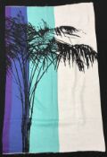 An Althea McNish design fabric sample in purple, blue, aqua, green and cream stripes with black leaf