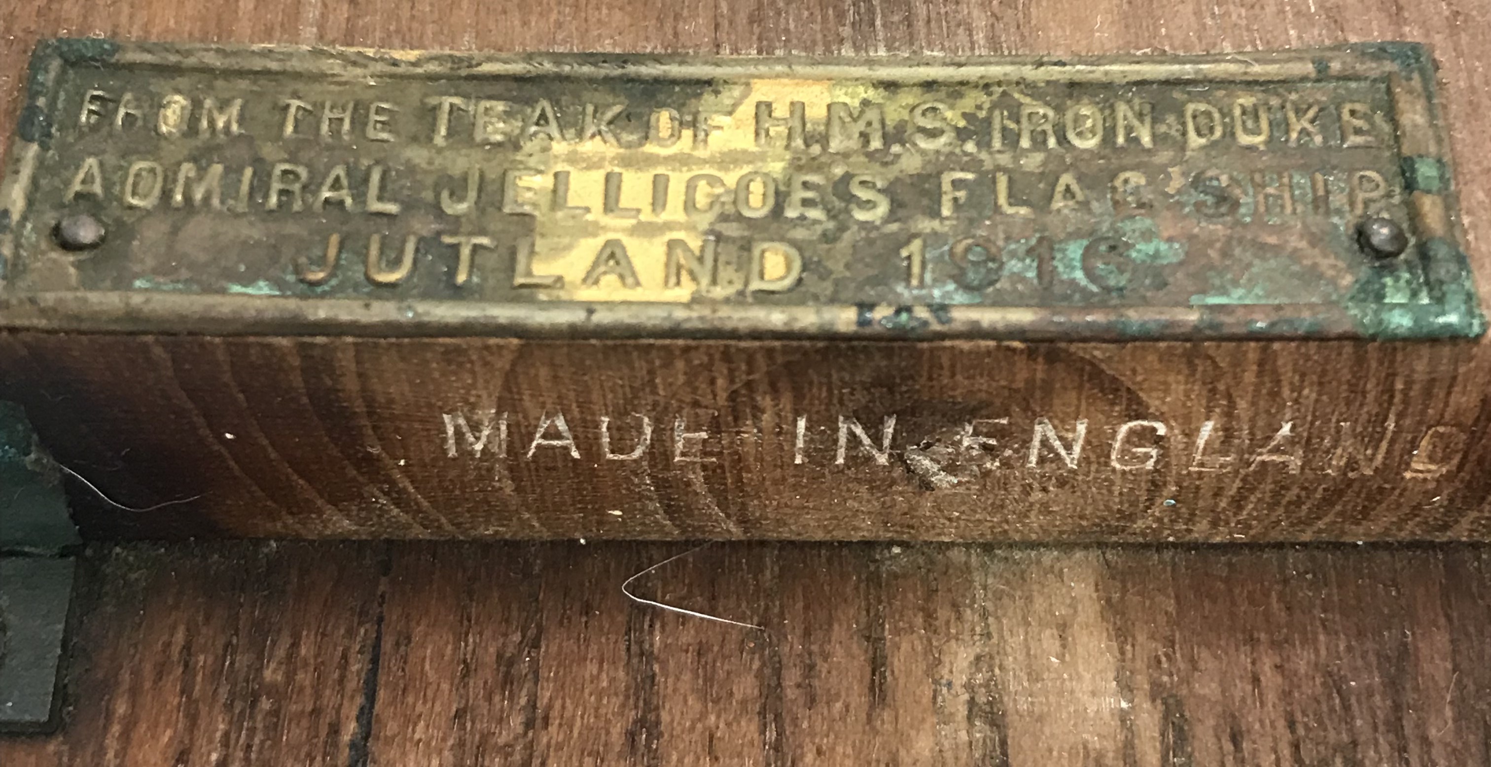 A pair of carved teak ''Ship'' bookends bearing embossed brass plaque inscribed ''From the teak of - Image 2 of 2