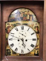 A 19th Century oak cased long case clock, the eight day movement with painted arched dial and