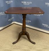 A 19th Century mahogany tea table, the rounded rectangular snap top (now fixed) on a turned tapering
