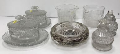 A collection of various cut and other glassware including two mallet shaped decanters, onion