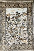 A silk rug, the central panel set with pictorial scene of hunting within a stepped scrolling