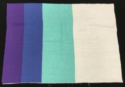 An Althea McNish design fabric sample in purple, blue and aqua through aqua, green and white